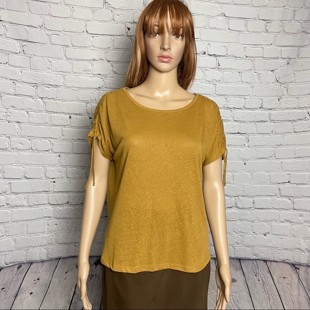 NWT New Joie Linen Blend Mustard Short Sleeve With Tie Details Knit Top Size S